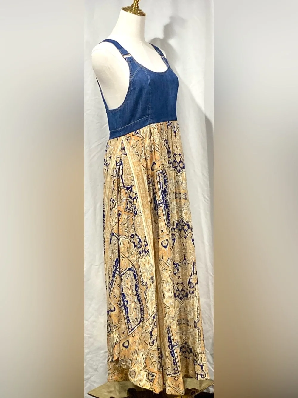 Free People Patchwork Paisley Maxi Dress in Mustard & Navy Denim Bust Size XS